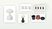 A bright editorial collage of NozzleCo home products including decor, planters, hooks, and lighting.