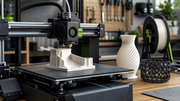 A close-up of a desktop 3D printer building a layered part, with finished printed objects nearby in the studio.