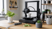 A desktop 3D printer creating a planter in a bright modern studio with finished printed objects nearby.